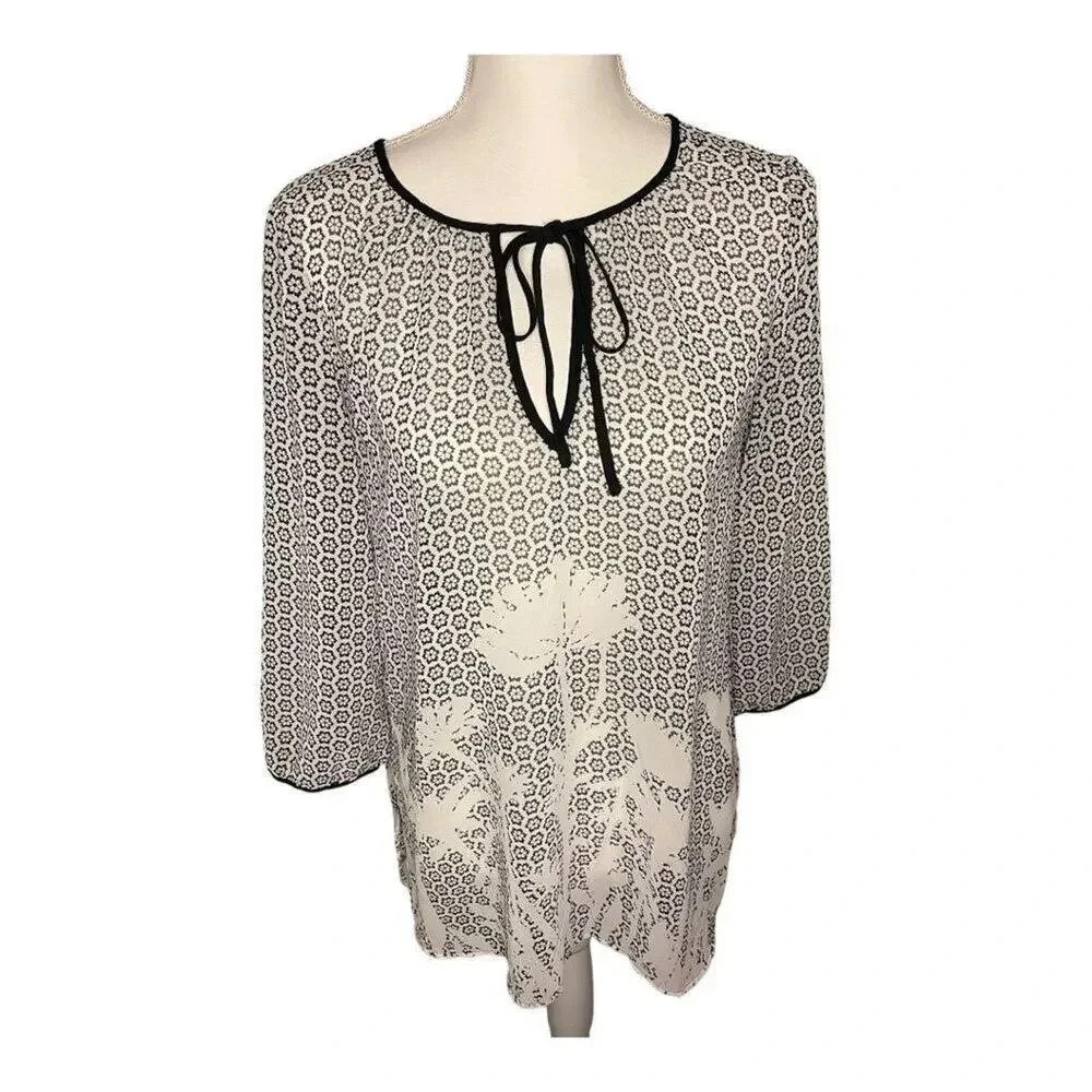 Ann Taylor Medium Black & White Sheer Blouse with Tie